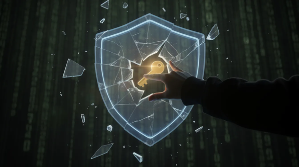 A shadowed hand reaches through a shattered glass shield to touch a glowing golden key icon, representing the circumvention of digital security barriers.