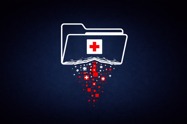 Medical file folder illustration showing a data breach, with binary code and health data spilling out and transforming into red blocks to represent stolen patient information.