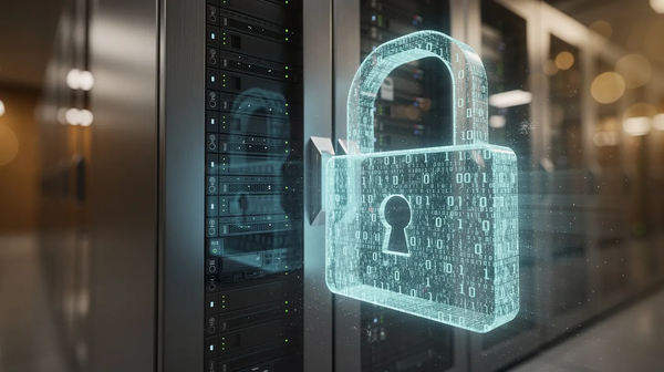A holographic binary code padlock icon overlays dark server racks in a data center, representing data encryption, ransomware prevention, and secure network infrastructure.