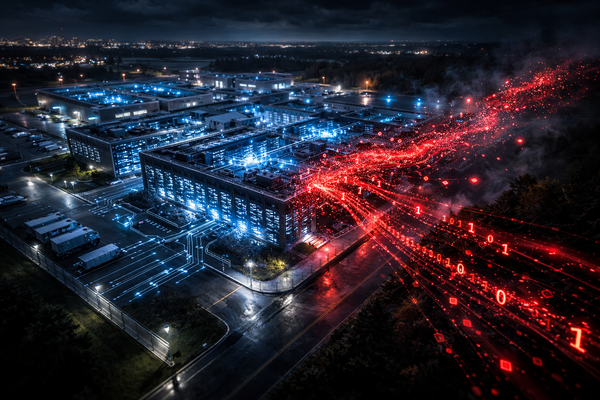 Aerial view of a Telus Digital building with one side dissolving into a massive stream of red binary code and debris, symbolizing a large-scale 1PB data breach.