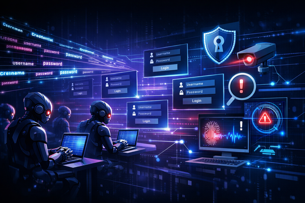 Robotic cyber attackers using automated tools to inject streams of stolen usernames and passwords into multiple login interfaces, illustrating a large-scale credential stuffing attack.