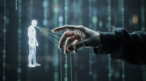 A dark, cloaked arm reaches out to manipulate a translucent human figure with glowing strings against a backdrop of binary code, symbolizing psychological manipulation.