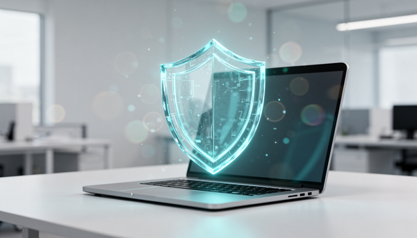 A high-tech, glowing translucent digital shield icon hovers over a sleek laptop on a clean, modern office desk, symbolizing cybersecurity, technical security measures, and data protection.