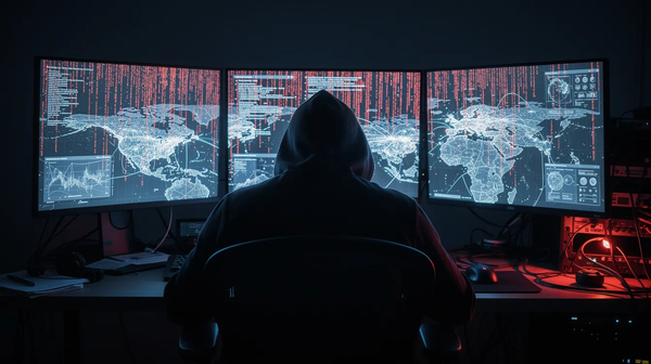  Gemini said A hooded figure sits in a dark room facing three large monitors displaying global maps and red digital code, illustrating a cyber threat actor at a workstation.