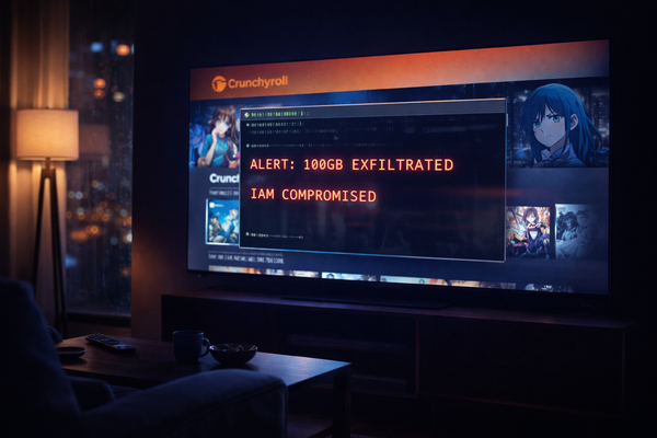 Editorial photo of a TV displaying the Crunchyroll app with a glowing terminal overlay reading "ALERT: 100GB EXFILTRATED," symbolizing a major data breach and IAM compromise.