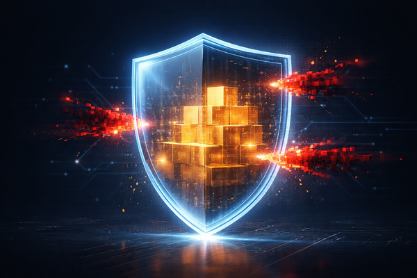 Editorial 3D illustration of a glowing blue shield protecting golden data cubes from red pixelated attacks, symbolizing data breach prevention and zero-trust security.
