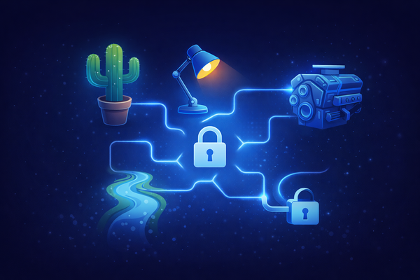 A conceptual digital illustration showing a glowing network connecting a cactus, lamp, river, and engine to a central padlock. Visualizes using random objects to build a secure password.