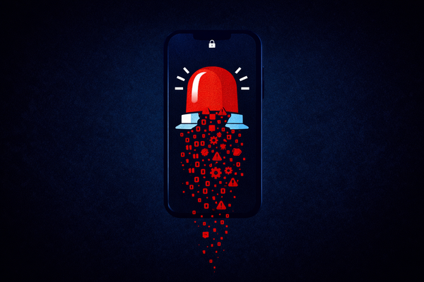 Minimalist illustration of a smartphone lock screen with a red alarm bell as data fragments into binary and warning icons, symbolizing a mobile cyberattack or security breach.