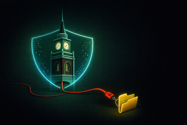 Editorial illustration of a town hall tower with a digital shield being bypassed by a red cable and a hook stealing a data folder, symbolizing the Apex, NC municipal ransomware breach.