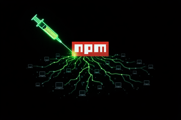 Editorial illustration of a syringe injecting green code into a red NPM logo, with the poison spreading through a global network, symbolizing the Axios supply chain compromise.