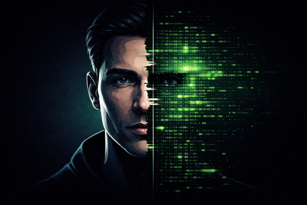 A man's face split down the middle, transitioning into a green digital matrix of binary code and glowing pixels, representing the creation of deepfakes and synthetic identities.