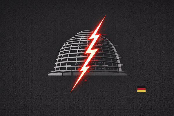 Editorial illustration of the German Bundestag dome intersected by a red lightning bolt, symbolizing the Qilin ransomware attack on the political party Die Linke and the threat of data leaks.
