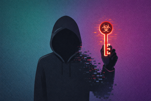 Editorial illustration of a digital silhouetted figure with a red hazard key on a Solana-colored background, representing the $285 million Drift Protocol exploit and social engineering.