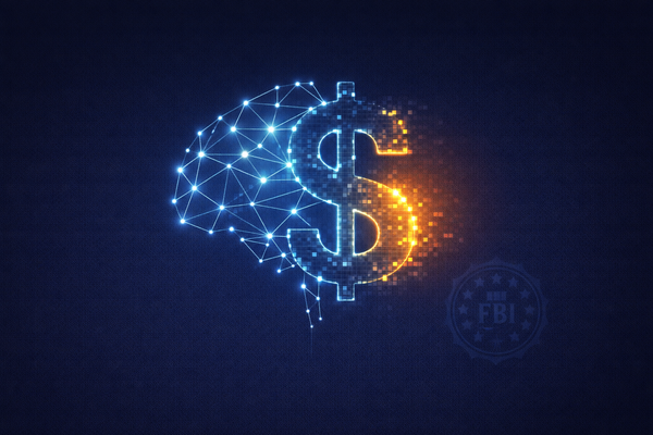 Editorial illustration of a digital dollar sign influenced by an AI brain network on a blue background, representing the record $20.8 billion in cybercrime losses reported by the FBI.