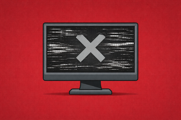 Editorial illustration of a gray computer monitor with a jagged static X on the crimson background, symbolizing the urgent HUIT security alert and phishing raid targeting Harvard University.