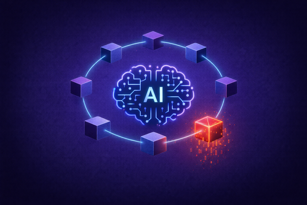 Editorial illustration of an AI brain icon with a glowing red cracked block in its connection ring, symbolizing the supply chain attack on Mercor via the open-source LiteLLM project.