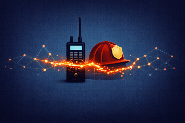 Editorial illustration of a police radio and fire helmet with an orange digital glitch interrupting a regional network map, symbolizing the cyberattack on Pepperell public safety systems.