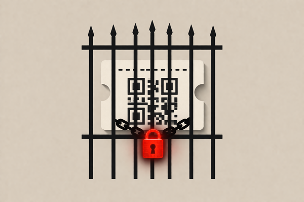 Editorial illustration of a digital ticket locked behind an iron gate with a red padlock, representing the Vivaticket ransomware attack and its impact on global museum ticketing systems.